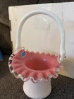 Fenton Art Glass Pink Crest Ruffed Cased Handled Basket Bowl