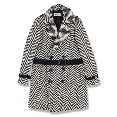 Saint Laurent Paris Black and White Herringbone Wool Belted Coat