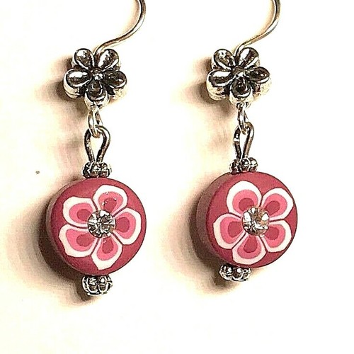 Plumeria Flower Earrings Purple Crystal Island Tropical Hawaiian Silver tone - Picture 2 of 9