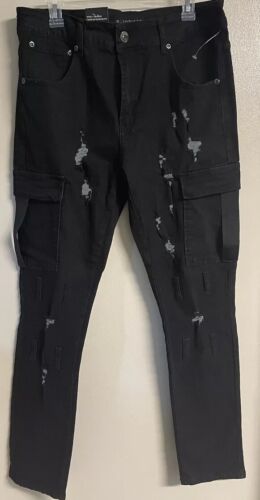 M. Society Men’s Black Jeans 36/32 Skinny Fit Distressed Cargo Pockets Stretchy