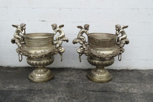 Cherubs Lions Large Footed Urn Vases Pedestal Planters a Pair 5896