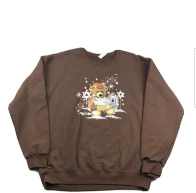 Vintage Teddy Bear Sweatshirt Womens Medium Brown Graphic Pullover Winter  Snow