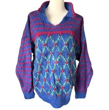 Vintage Mohair Wool Fuzzy Geometric Striped Design Sweater Hand Knit in England