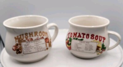 Vintage Recipe 2 Soup Bowls.  Tomato And Mushroom Soup Recipe Printed On Bowls. 