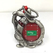 Holiday Ornament Pewter Mini Picture Frame Cowboy Lasso Western 3" Stand or Hang