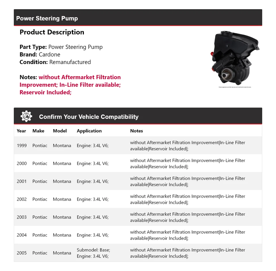 Bomba de direção hidráulica Cardone 2000 2001 2002 para 1999-2005 Pontiac Montana 3.4L V6 - Imagem 2 de 4