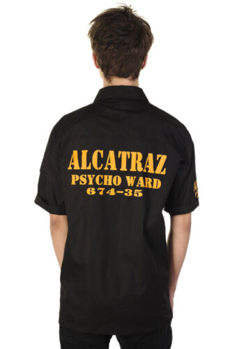 Mens Black Gothic Retro Punk Alcatraz Psycho Ward Prison Shirt BANNED Apparel - Afbeelding 1 van 2