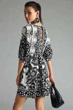 Farm Rio Puff Sleeve Linen Dress Anthropologie V Neck B&W Beaded Tassels S NEW