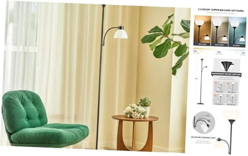  Torchiere Floor Lamp, 71" Standing Lamp with Adjustable Reading 2-Lights Black
