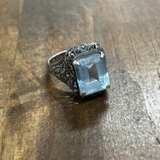 Vintage Sterling Silver Filigree Emerald Cut Blue Topaz Ring SZ 7.25 5.25 Grams