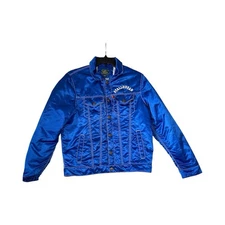 Stall & Dean Brooklyn New York Blue Satin Snap Up Bomber Jacket Lg