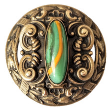 Antique Gay 90's Button NO SHANK Long Oval Green Orange Glass Cabochon