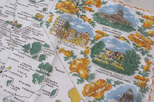 Vintage 50er Kalifornien Golden State Karte Städte Sehenswürdigkeiten Souvenir Taschentuch Taschentuch - Bild 3 von 3