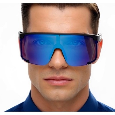 Oversized Flat Top Mirrored Visor Mono Futuristic Unisex Sunglasses Blue Mirror