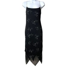 Vintage Y2K Floral Glitter Whimsigoth Mesh Asymmetric Midi Dress Small Black VTG