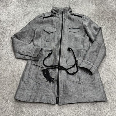 Laveer Military Utility Field Jacket Womens Gray Rope Belt Full Zip Coat Travel