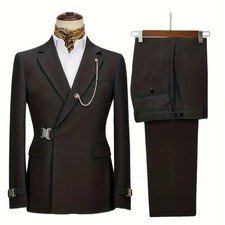 Mens 2Pcs Suit Metal Buckle Belted Wedding Groom Prom Business Suit Blazer Pants