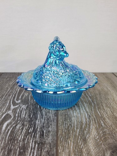 Ice Blue Carnival Glass Hen on Nest – Ruffled Edge Covered Dish – 6.5” - Picture 2 of 8