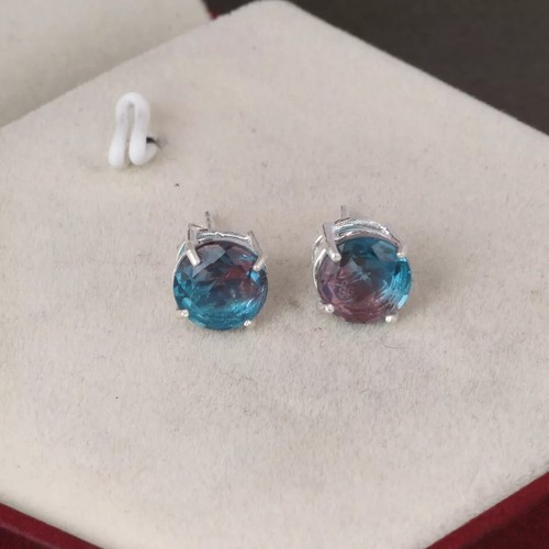Alexandrite Gemstone Sterling Silver Round Stud Earrings Handmade Women Jewelry - Picture 3 of 8