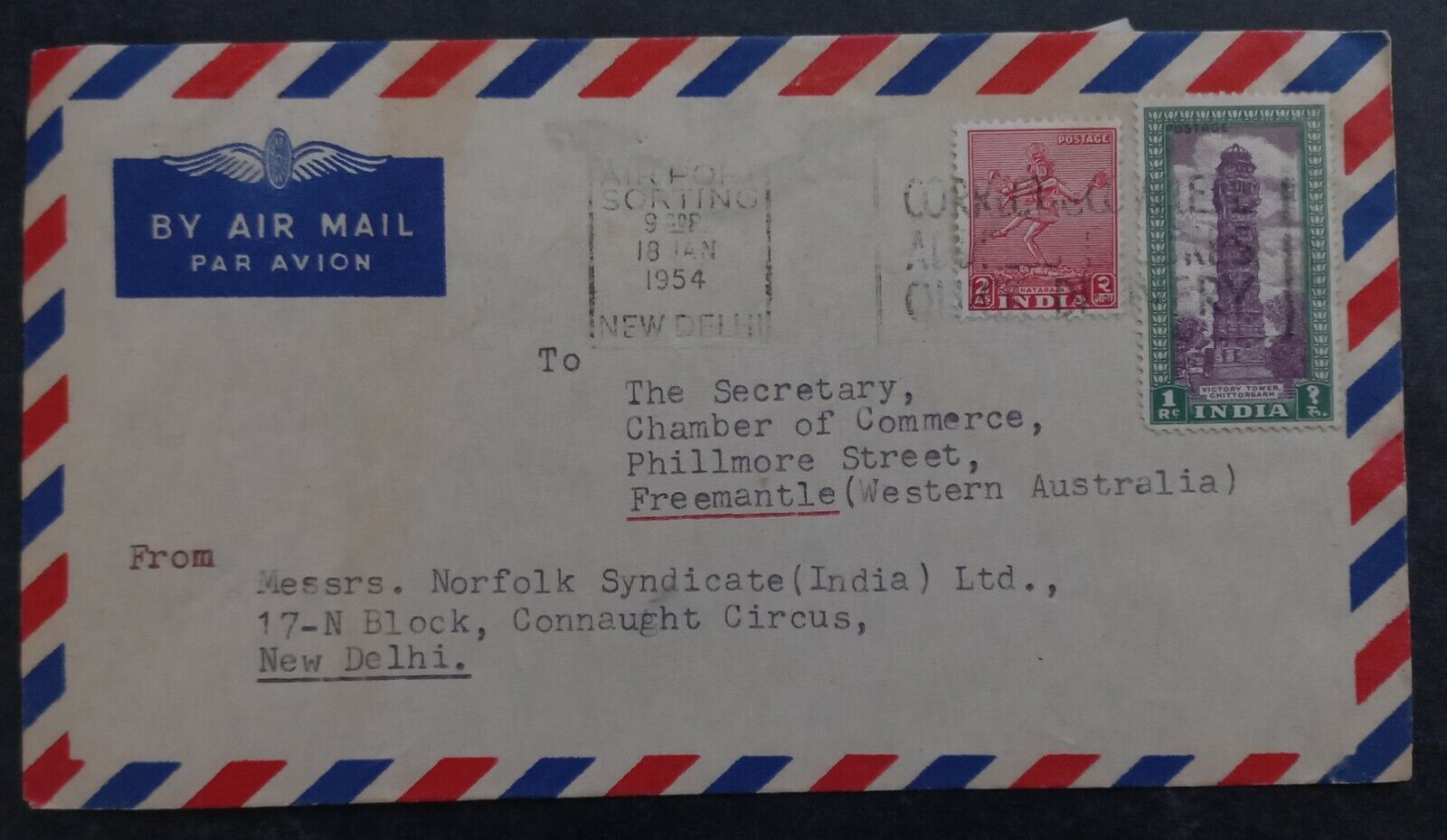 1954 India Airmail Cover 2 Stamps cd Airport Sorting New Delhi-F