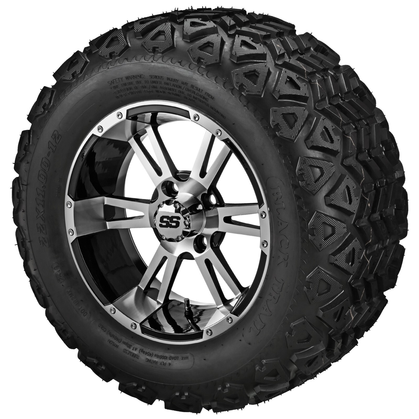 (4) Golf Cart 22x11.00-12 All-Terrain Tires on 12x7 Black/Machined Raptor Wheels