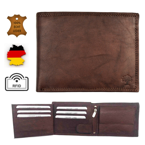 GeldböRse Leder Herren Mit Rfid Schutz Geldbeutel Braun Portemonnaie MüNzfach-image