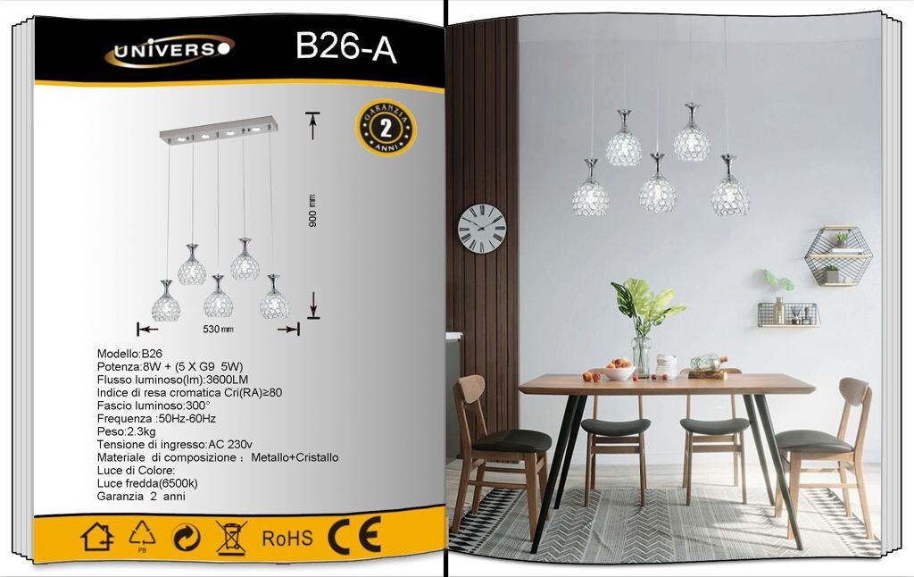 Lampadario Cristallo Facile Pulizia UNIVERSO B26-A 5 Luci LED