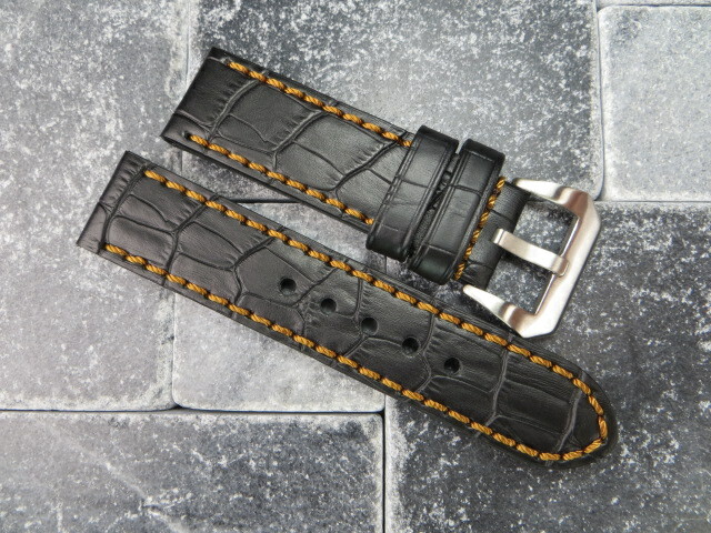 ㊵PANERAI用 クロコダイル×ラバー   24mm-22mm New 24mm BIG CROCO Leather Strap Black Watch Band Pre-V for