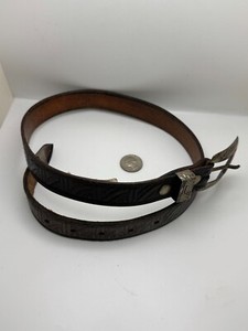 Geometric Design, Leather & 925 Silver Belt Signed w Buckle, Keeper & Tip