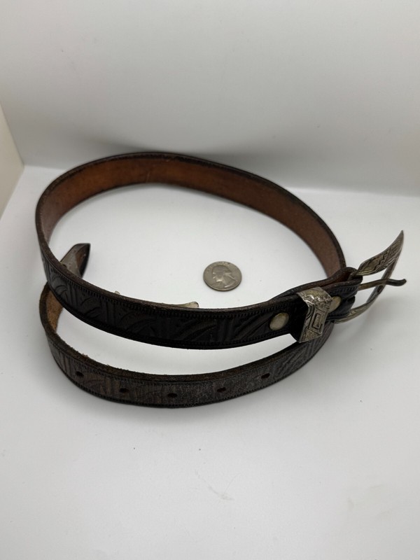 Geometric Design, Leather & 925 Silver Belt Signed w Buckle, Keeper & Tip