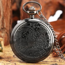 Black Case Steampunk Pocket Watch Quartz with Necklace Chain Gifts for Women Men