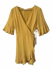 June & Hudson Wrap Dress Sz M Mustard Yellow Ruffle White Pin Polka Dot NWT New