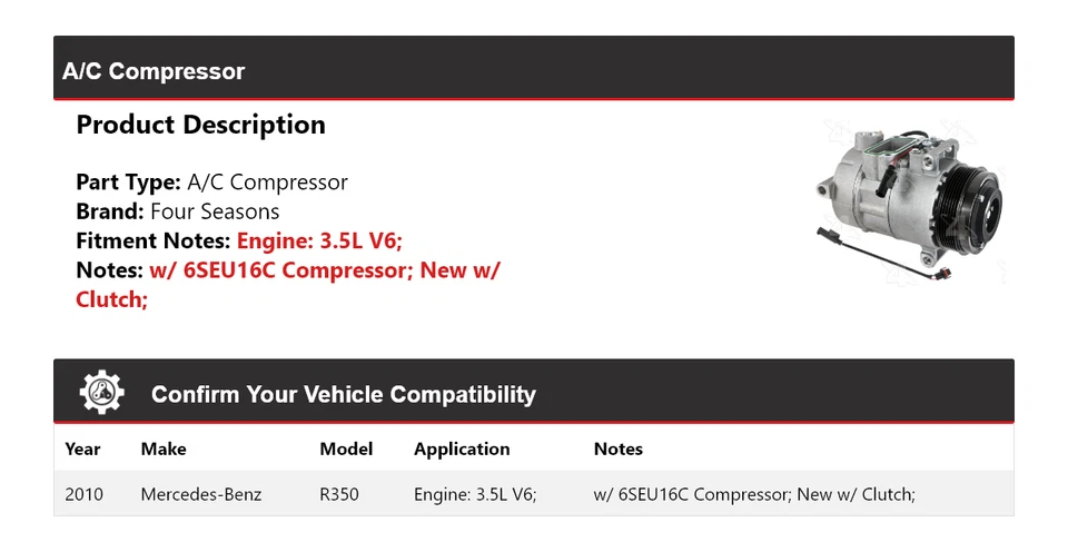 Compresor de aire acondicionado para Mercedes-Benz R350 2010 3,5 L V6 4 estaciones Foto 2 de 4