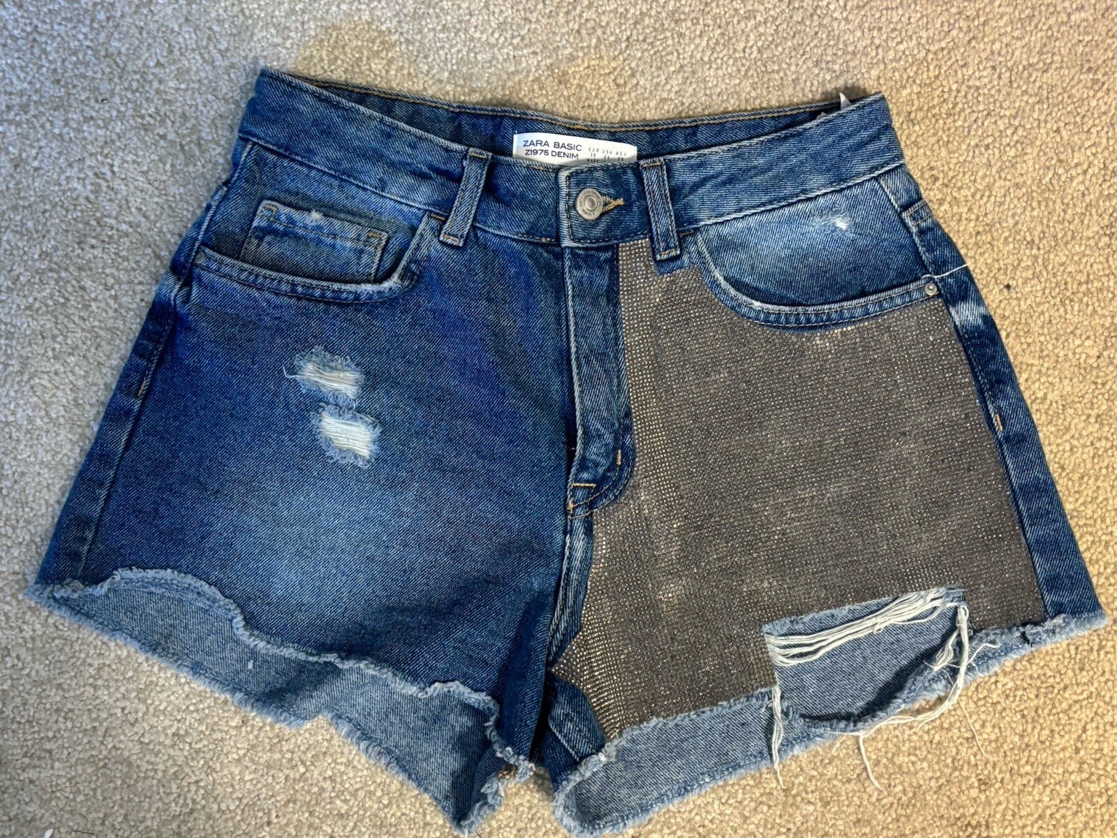Zara Basic Denim shorts Sequin Beaded Details Siz… - image 1
