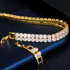 2 Rows Yellow Gold Plated Cubic Zircon CZ Round Tennis Bridal Bracelet for Women