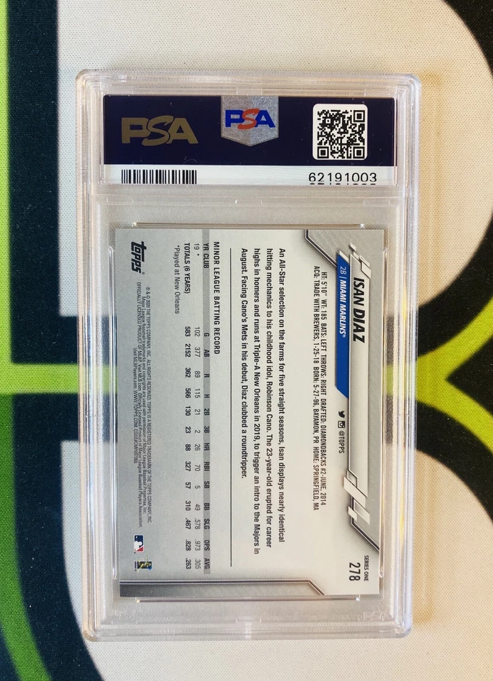 Isan Diaz 2020 Topps Series GOLD FOIL PARALLEL Rookie #278 MIAMI MARLINS PSA 10 - Image 2 of 2