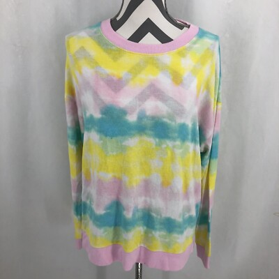 Free Press Crew Neck Sweater Pink Opal Tie Dye Stripe Blue Yellow Medium NWT