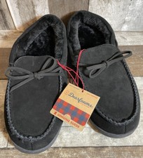 Dearfoams Suede Indoor Outdoor Men's Faux Fur Lined Moccasin Slippers Black 12
