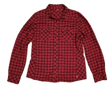 Eastern Mountain Sports Flannel Shirt Red Black Plaid Womens Size Large EUC 