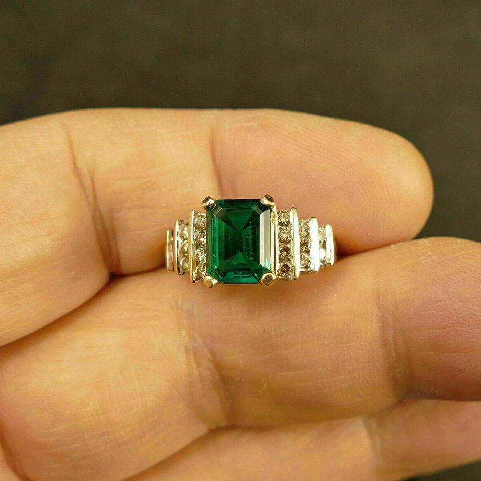 3,60 Kt Grün Smaragd Diamant Hochzeit Ring Verlobungsring Gelbgold-Finish Silber - Bild 4 von 4