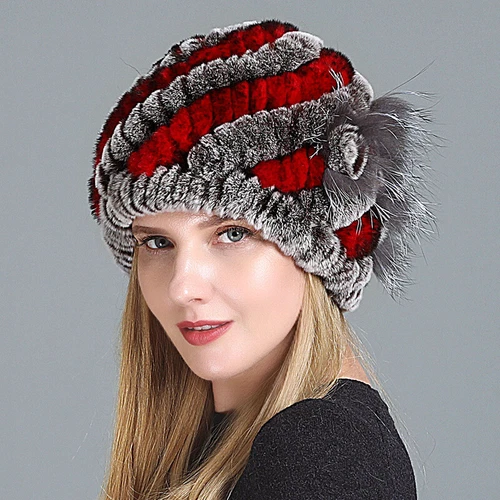 Damen Echt Rex Kaninchenfell Beanie Mütze Winter Warm Mütze mit Fuchs Handarbeit Geflochten - Bild 30 von 52