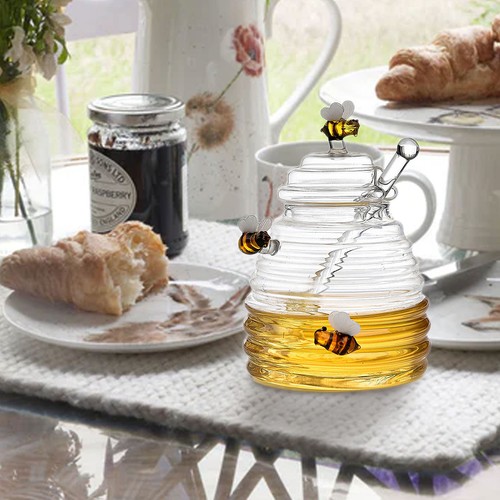 Honey Jar Glass Honey Dispenser Glass Honey Jar With Dipper Lid Kitchen - Picture 3 of 11