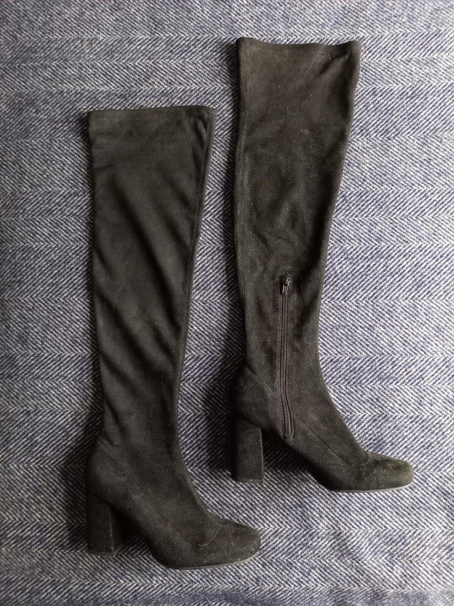 Zara Knee High Heel Faux Suede Slouchy Boots UK EU 37 BLACK