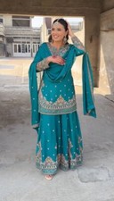 Classic Look Heavy Chinnon Silk Top Palazzo With Teal Blue Dupatta For Wedding