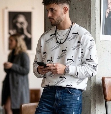 PUMA Amplified AOP Crewneck Sweatshirt White Black All Over Print Medium 1905