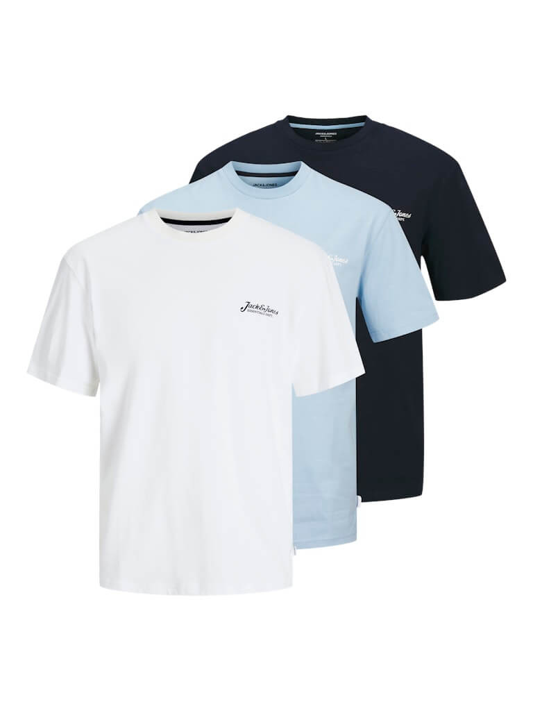 Jack & Jones 3-Pack JJbeau Crew Neck T-Shirts in Black White Blue