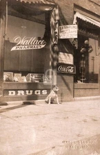 Pitbull Dog Front of Wallace RDrugstore Macon Missouri RPPC Photo Postcard COPY