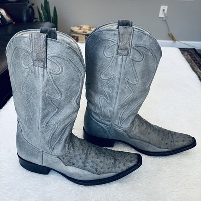 Minerva Vintage Genuine Ostrich Leather Grey Western Cowboys Boots Size 8.5 M