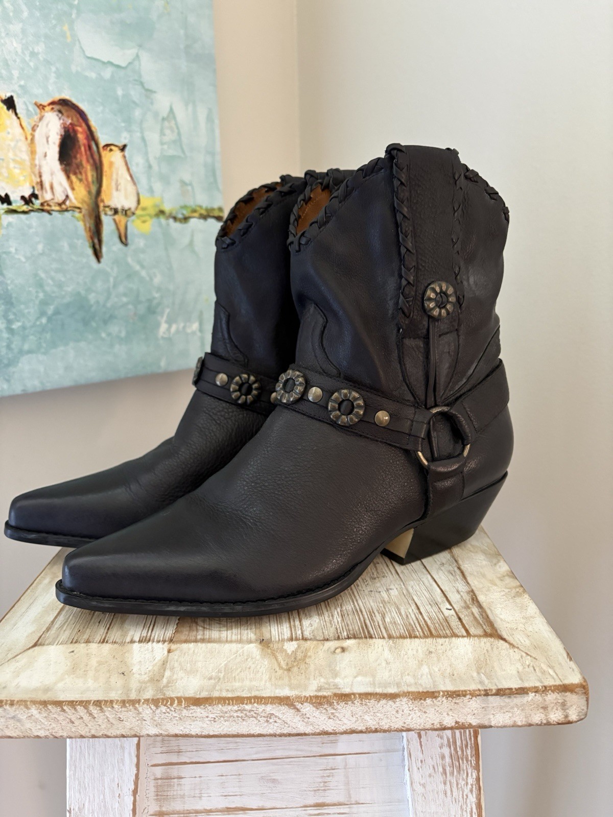 Vintage Harness Moto Western Ankle Boots Black Buttery Soft Leather Womens US 9M