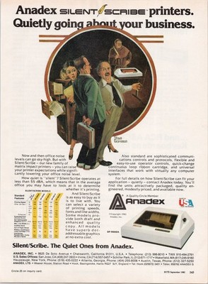 Anadex Silent/Scribe DP-9000A Printer Vintage Print Ad 1982 USA